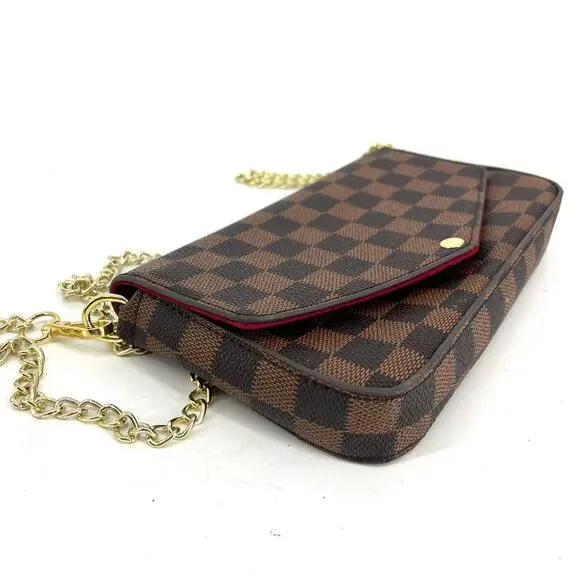 Unbranded Lux Brown Check Small Purse Long Gold Chain Red Lining Faux Leather - Picture 4 of 5